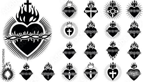 Canvas Print Sacred heart collection with religious symbols, cross, flames and crown of thorn