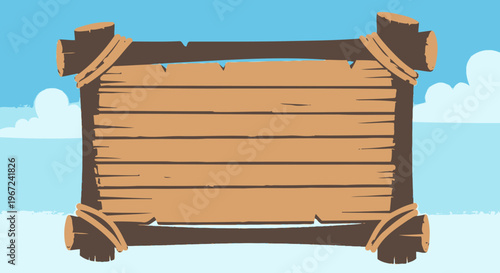 Rustic empty wooden sign board against blue sky with clouds