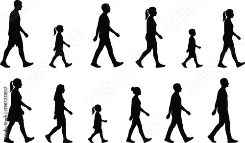 Black silhouettes of adults and children walking in rows, diverse ages and body shapes, artistic design symbolizing family, diversity, lifestyle, commuting, and human motion illustration