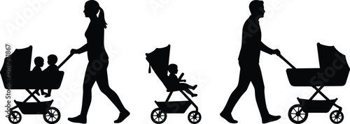 Black silhouettes of adults pushing strollers with children, family lifestyle illustration symbolizing parenting, childcare, daily routine, urban commuting, and family design concepts