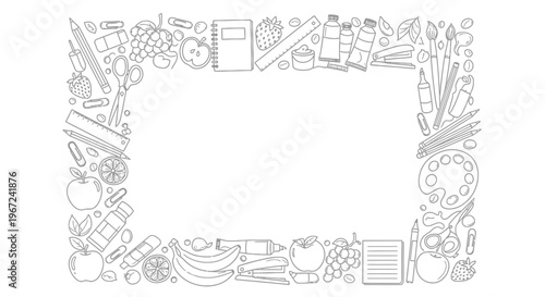 School supplies art tools and fruits border frame outline