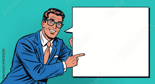 Smiling businessman pointing at empty text box in comic style