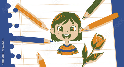 Smiling little girl illustration surrounded by colorful drawing pencils