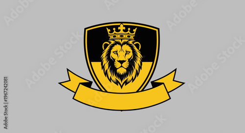 Stylized lion head with crown in shield and banner logo
