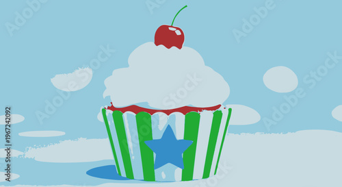 Stylized cupcake with cherry and blue star on sky background