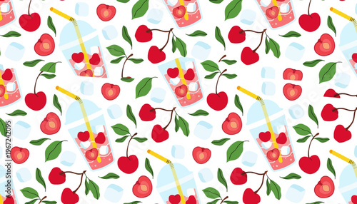 Cherry seamless pattern with ice cubes and straws on white background