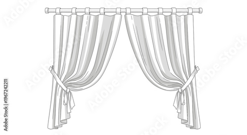 Tied back curtains illustration on rod with simple gray shading