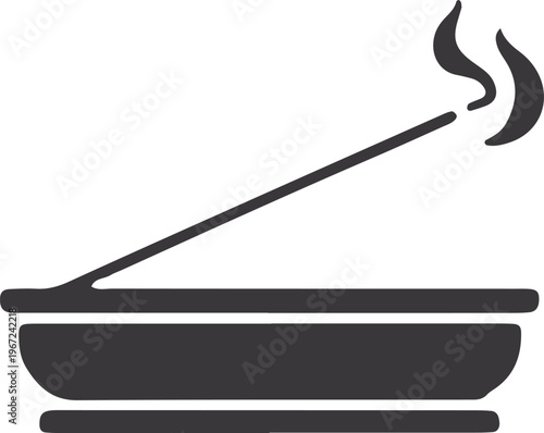 Minimalist black and white icon of a burning incense stick in a holder with smoke trails.
