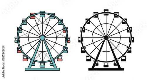 Two ferris wheel illustrations one colored one black and white