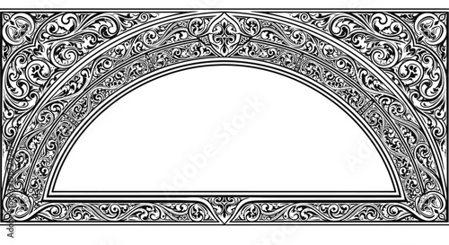 Vintage ornate scrollwork border frame with blank semicircular arch