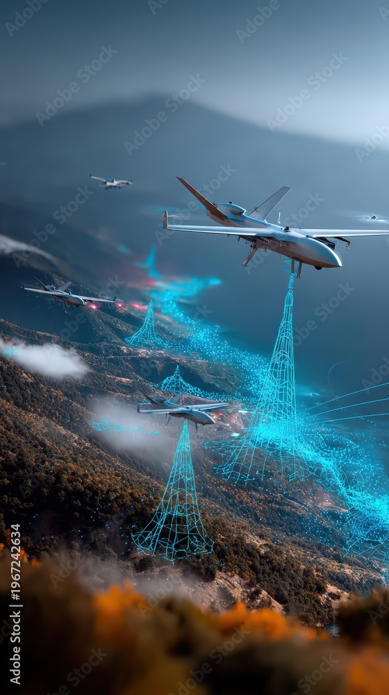 Naklejka premium A squadron of unmanned aerial vehicles (UAVs) gracefully navigate a mountainous terrain. Drones scan the landscape. ..Created with Generative AI, not depicting real subjects.