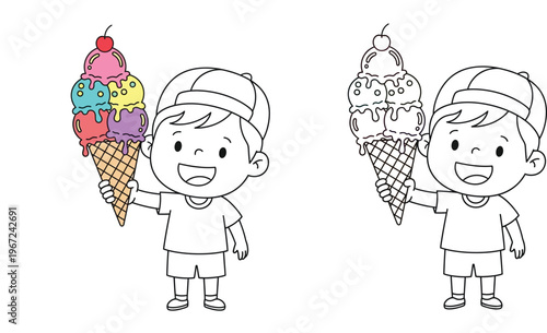 Cute Little Boy Holding Large Multi-Scoop Ice Cream Cone with Cherry, Coloring Book Page and Colored Vector Illustration for Kids, Summer Dessert Treat Cartoon Character