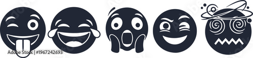 Set of five black and white emoji icons showing different facial expressions and emotions