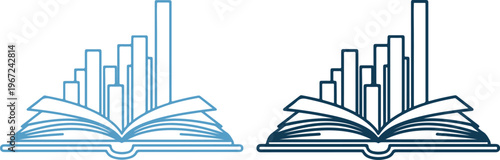 City skyline rising from open book icons in blue tones