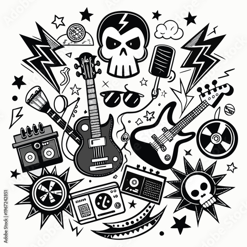 Rock music icons, guitar and skull vector graphics, black and white illustration, rock and roll symbols
