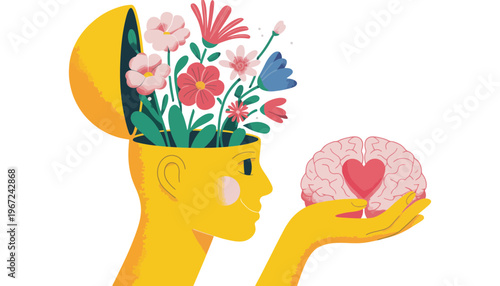 Brain with flowers and heart illustration for mental health concept