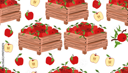Apple wooden crate illustration with red apples and green leaves pattern