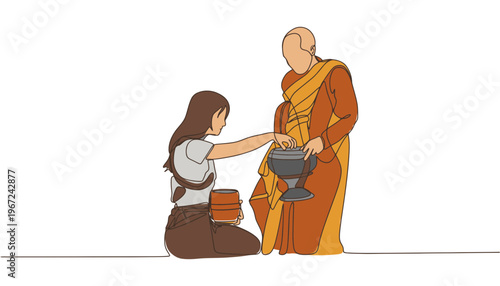Buddha monk receiving alms from a young woman in a simple illustration