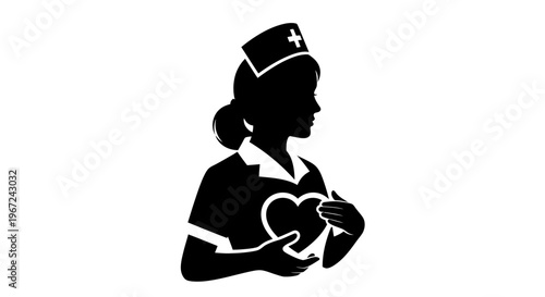 Nurse Holding Heart Symbol Silhouette Illustration.