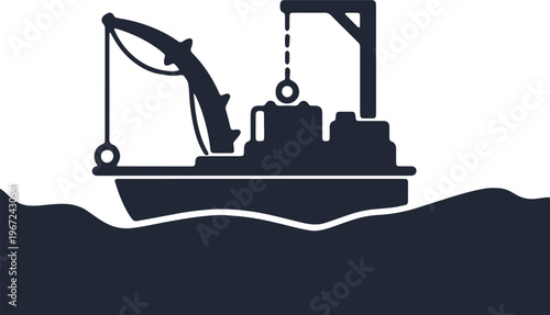 Black silhouette of a specialized industrial vessel with dual cranes floating on wavy water.
