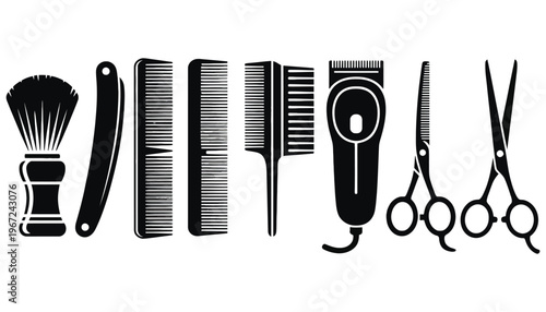 A set of barber tools and equipment in black silhouette illustration