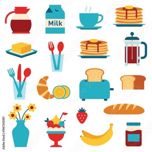 Breakfast food icons set with pancakes coffee milk and toast flat style.