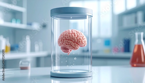 A realistic human brain suspended in a clear scientific preservative fluid in a trance