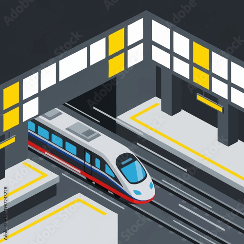 Isometric High-Speed Train at Station Platform Illustration.