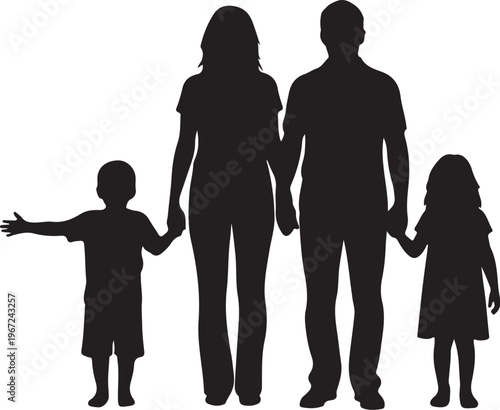 Black silhouette of family with two children holding hands