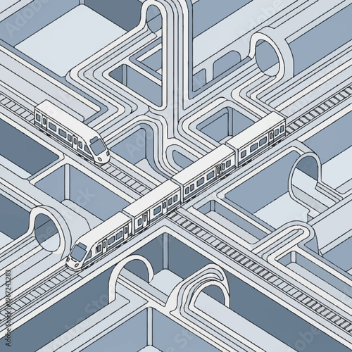 Isometric Subway System Illustration with Trains and Tunnels.