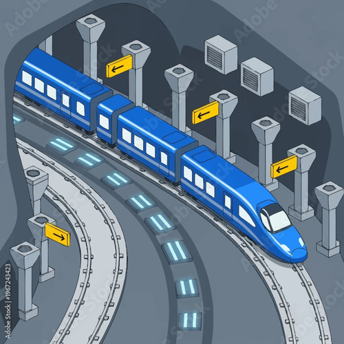 Isometric Blue Train in Tunnel with Directional Signs.