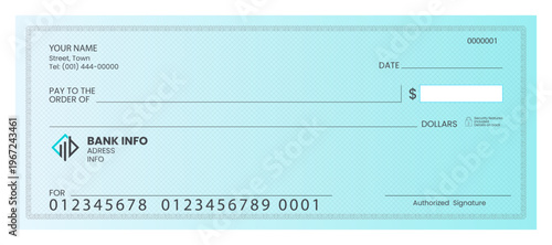 Blank business bank check template for financial payments. Vector.