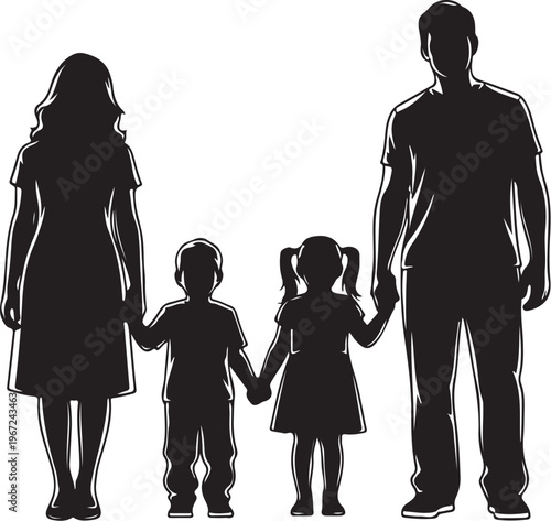 Black silhouette of family with two children holding hands