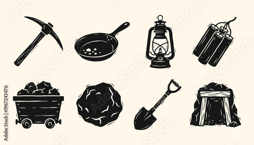 Vintage mining equipment icons set in black and white woodcut style