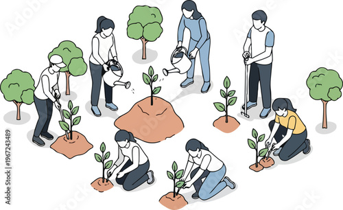 Group of People Planting Trees and Gardening for Environmental Sustainability - Isometric Illustration of Community Volunteers Reforesting