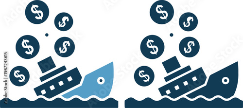 Two ships sinking in the ocean with dollar signs floating up
