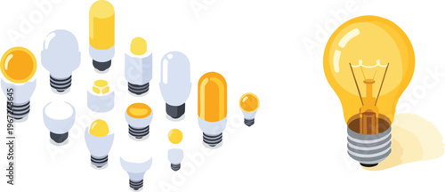 Isometric Light Bulb Collection with Large Glowing Idea Bulb Representing Innovation, Creative Thinking, and Leadership Concept
