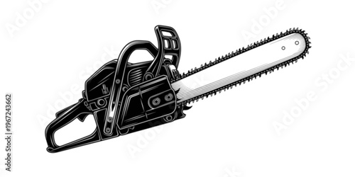 a detailed black and white illustration depicts a powerful chainsaw showing its sharp teeth and robust structure a striking silhouette
