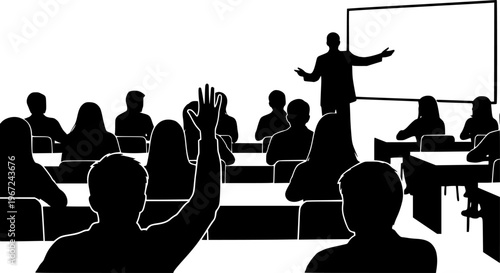 A black silhouette of a teacher presenting to a classroom of students duplicated on transparent background silhouette high quality professional detailed 
