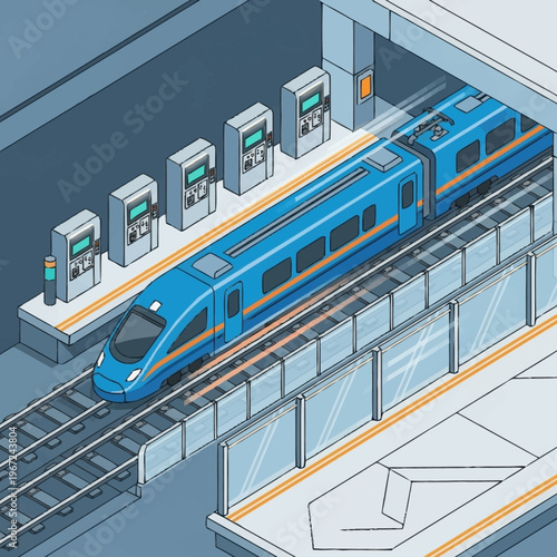Isometric Illustration of a Modern Blue High-Speed Train at a Station.