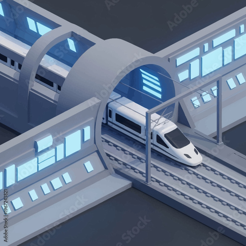 Futuristic High-Speed Train Emerging from Tunnel in Modern Cityscape.