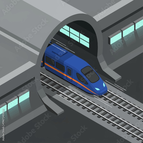 Isometric Blue High-Speed Train Emerging from Tunnel on Tracks.