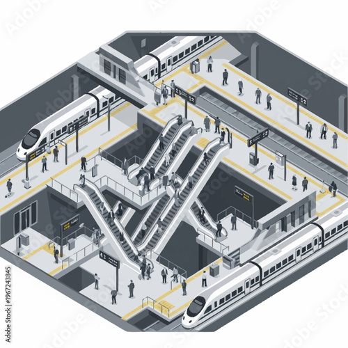 Isometric View of a Modern Subway Station with Trains and Escalators.