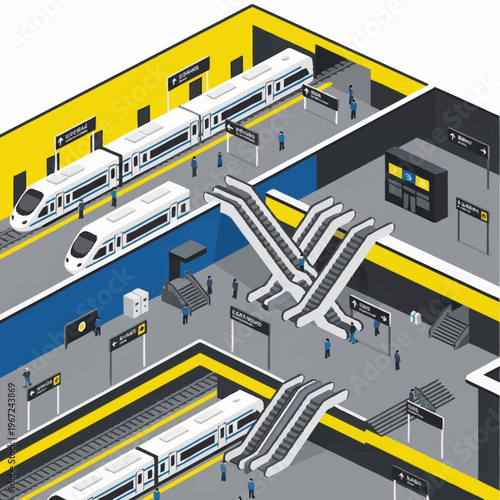 Isometric Subway Station Scene with Trains and Escalators.