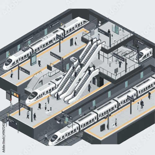 Isometric View of a Modern Subway Station with High-Speed Trains.