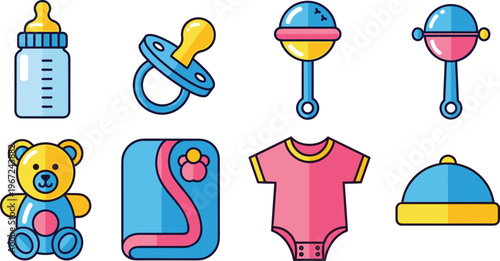 Baby and Toddler Icons Set Featuring Bottle, Pacifier, Rattle, Teddy Bear, Baby Blanket, Onesie, and Hat for Baby Shower and Parenting Designs