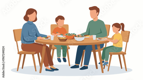Happy family eating meal together at dining table, flat illustration