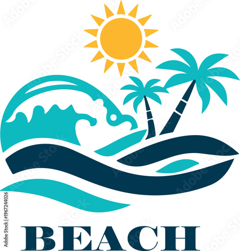 Summer beach vector illustration with palm trees ocean waves and tropical island vacation scene