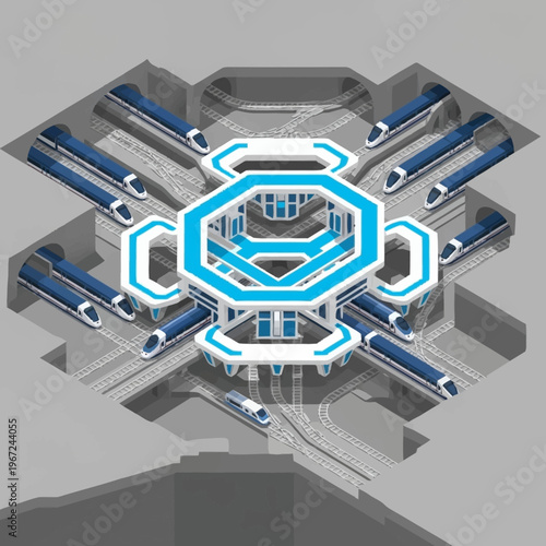 Futuristic Transportation Hub with High-Speed Trains and Central Station.