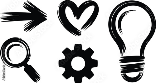 A dynamic arrow, heart, magnifying glass, gear, and lightbulb